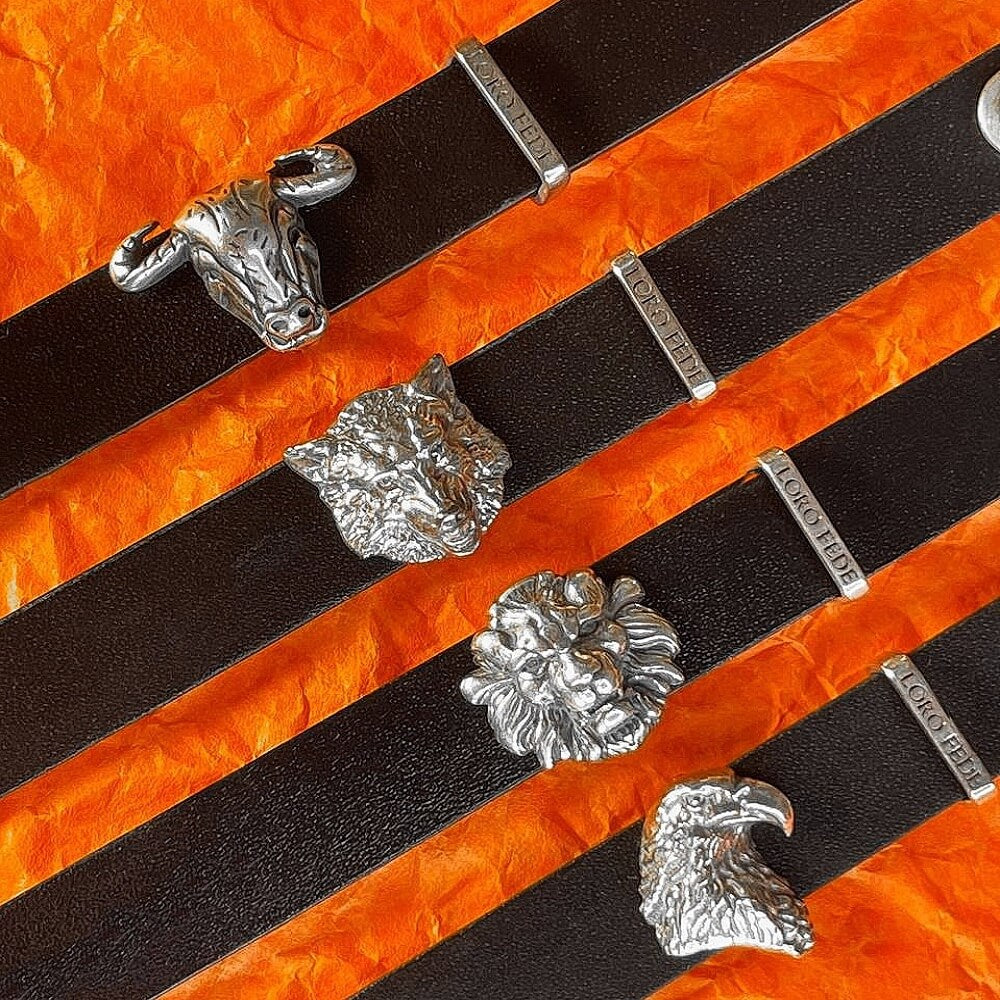 Set - LORO FEDE Lion medallion, 925 silver and genuine leather bracelet