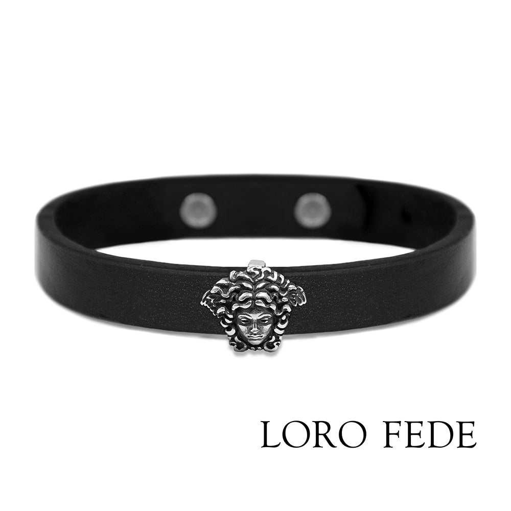 Set - LORO FEDE Gorgon medallion, 925 silver and genuine leather bracelet