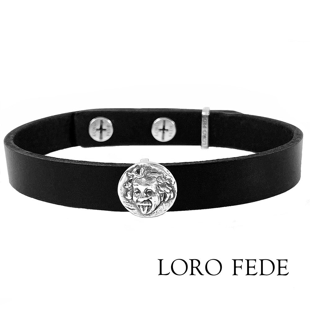 Set - LORO FEDE Albert Einstein medallion, 925 silver and genuine leather bracelet